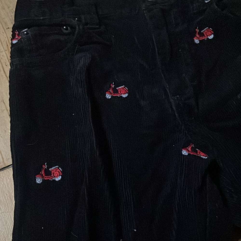 Heartstrings corduroy pants with embroidered scooters. Great for the holidays.